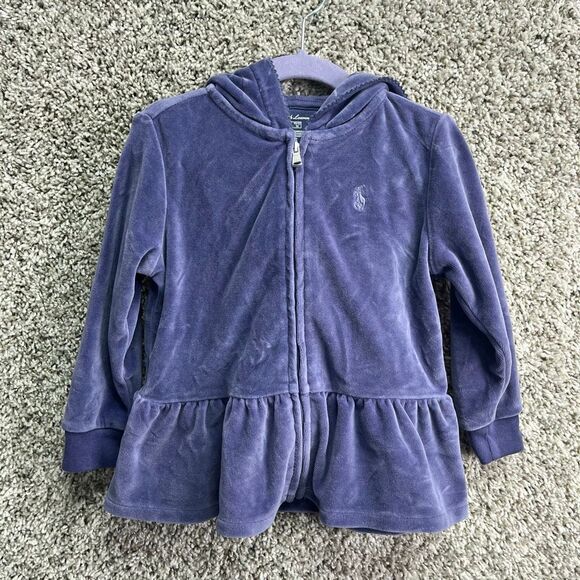 Ralph Lauren Jacket Girls 24M Purple Velour Hooded Full Zip Up Peplum Ruffled He - Picture 1 of 5